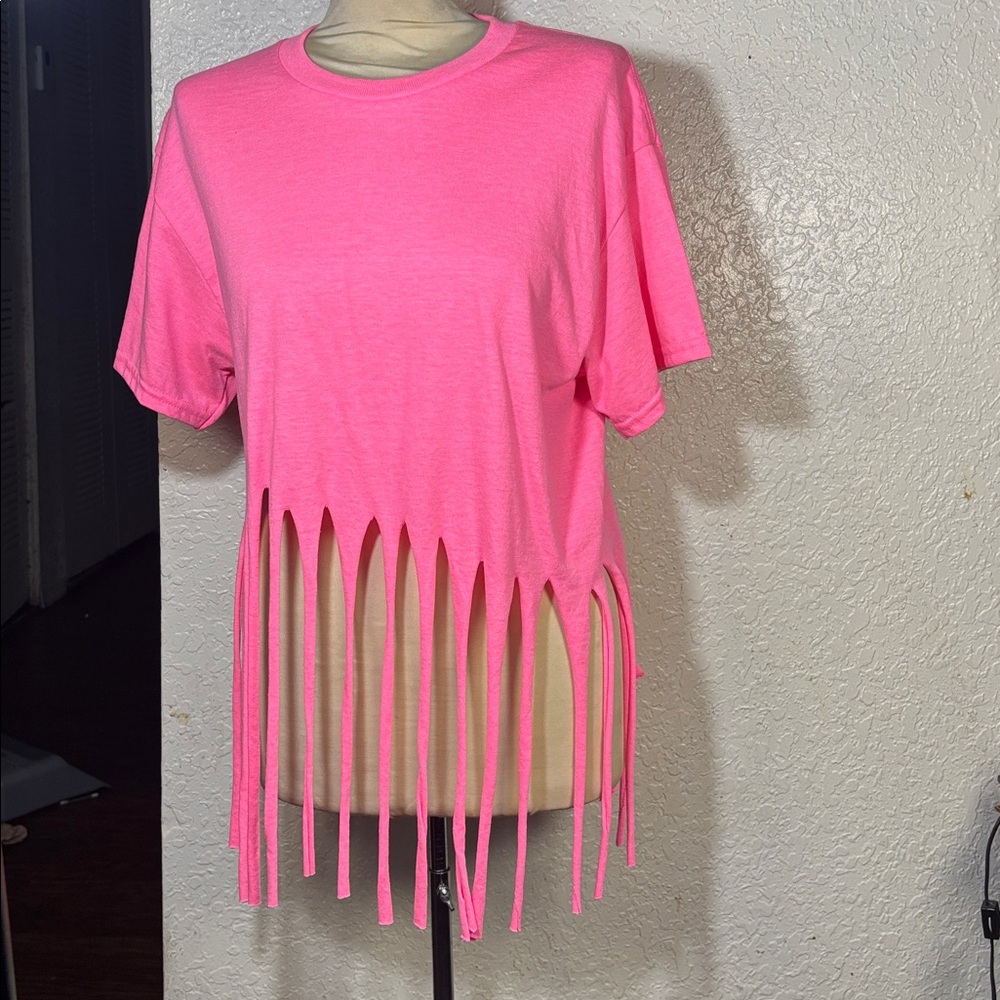 Women’s Pink Fringe Crop Tee hello summer vacation